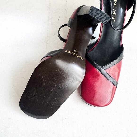 Vintage y2k Red Black Square Toe Leather Heels 8 - Picture 9 of 11